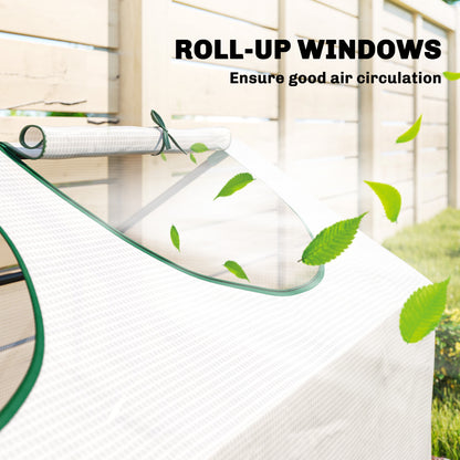 Outsunny Mini Greenhouse | 180 × 60 × 60cm White PE Grow House | 3 Zipped Roll-Up Windows | Steel Frame & 10cm Bury-In Edges