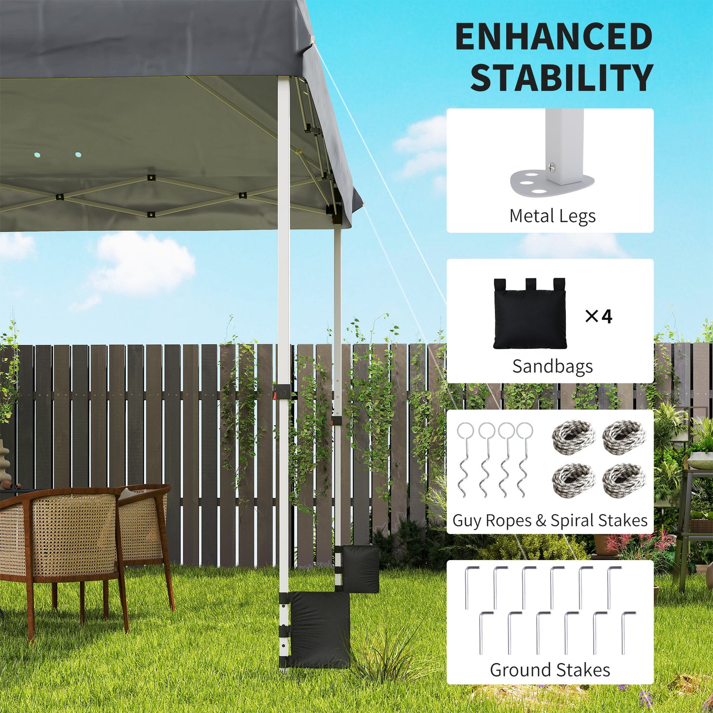 3x3m Pop-Up Gazebo with Flip-Down Wheels & One-Push Central Lock | UPF50+ 210D Oxford Fabric | Top Mesh Vent | 3-Height Adjustment | 4 Sandbags, 4 Guy Ropes & 12 Stakes | Carry Bag | 300x300x273cm | Dark Grey & White