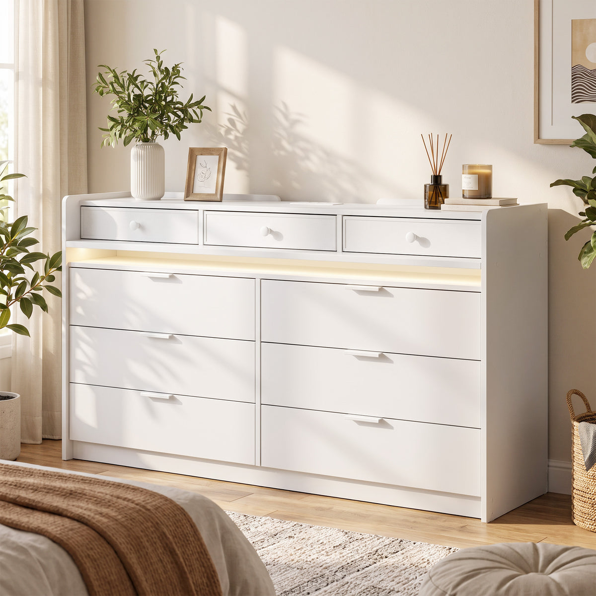 Chest of 9 Drawers with LED Strip & Charging Station | White MDF | 148.7x45x82cm | 2700-6500K Bluetooth | 2 UK Outlets USB-A USB-C | TV Stand up to 65in | Anti-Tip | 85kg