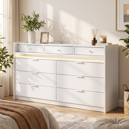 Chest of 9 Drawers with LED Strip & Charging Station | White MDF | 148.7x45x82cm | 2700-6500K Bluetooth | 2 UK Outlets USB-A USB-C | TV Stand up to 65in | Anti-Tip | 85kg
