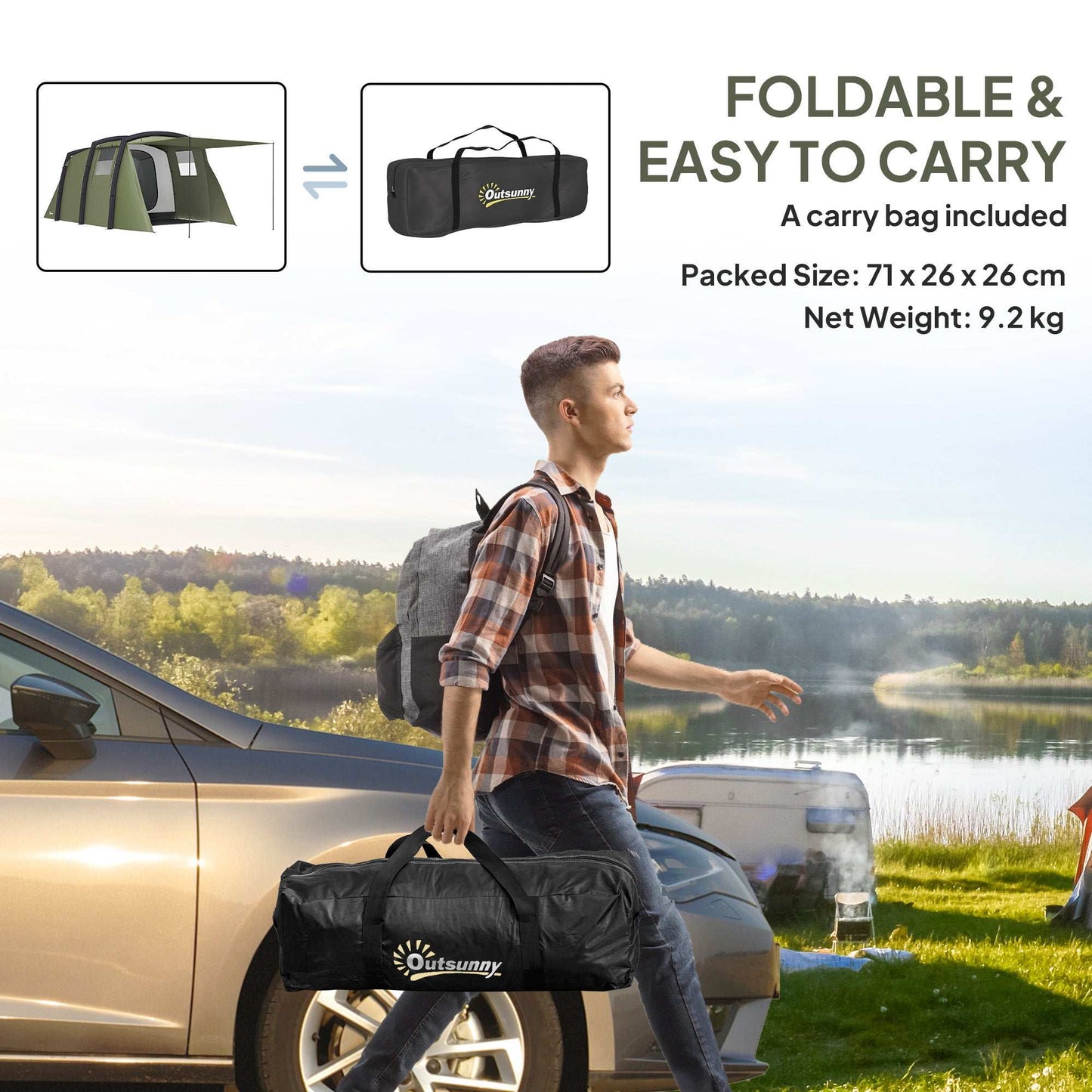 Inflatable 3-4 Man Tunnel Tent w/ Air Pump, Living Area & Vestibule, Waterproof Family Camping Air Tent w/ Sewn In Groundsheet