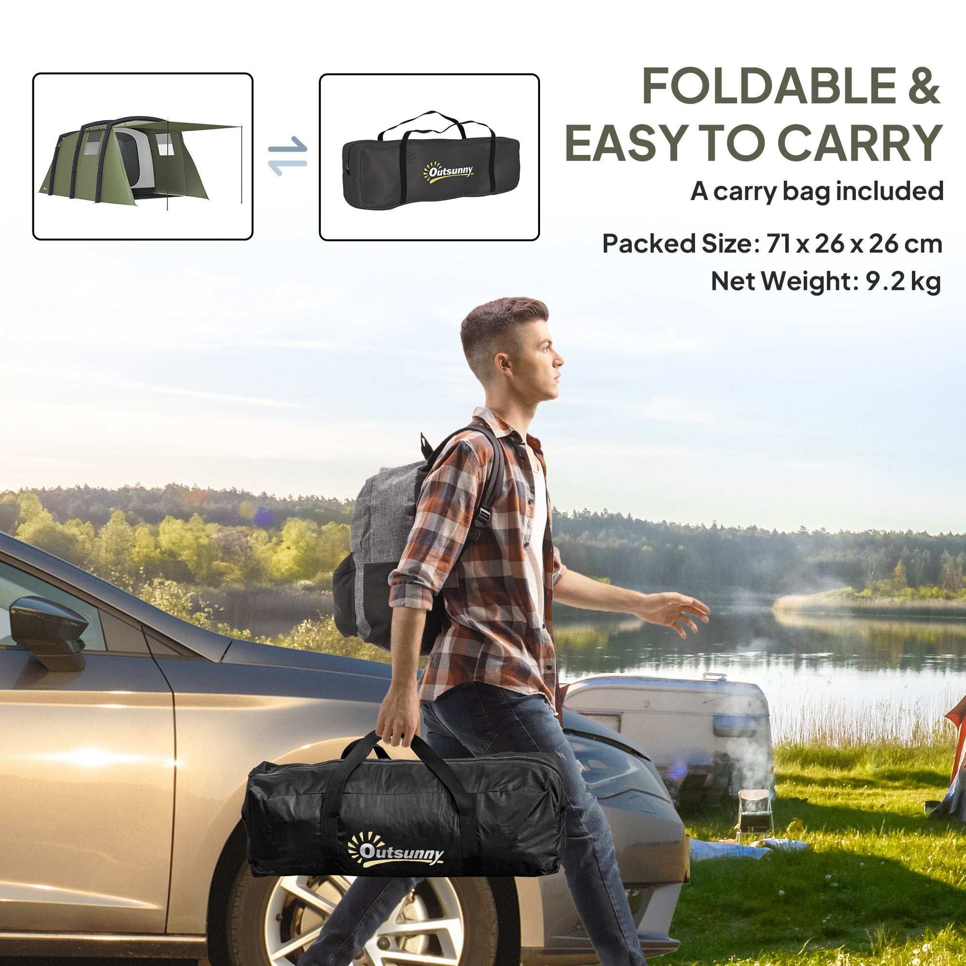 Inflatable 3-4 Man Tunnel Tent w/ Air Pump, Living Area & Vestibule, Waterproof Family Camping Air Tent w/ Sewn In Groundsheet