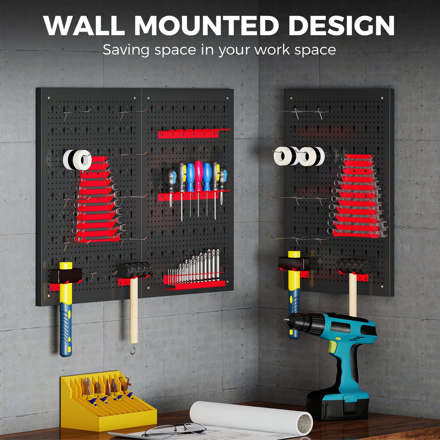Wall-Mounted Steel Pegboard Tool Storage Set | 28pc | 3 Boards | 50kg | Black & Red | Garage & Workshop