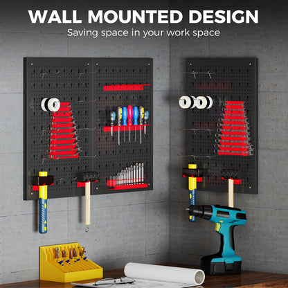 Wall-Mounted Steel Pegboard Tool Storage Set | 28pc | 3 Boards | 50kg | Black & Red | Garage & Workshop