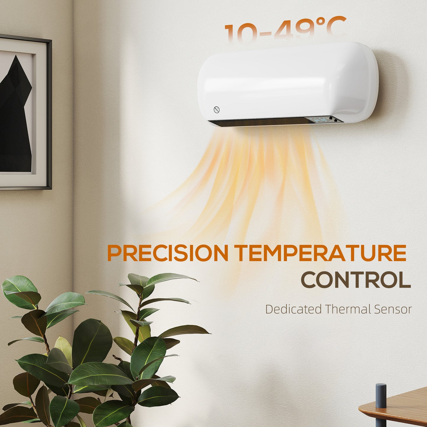 2000W Ceramic Electric Heater with Fan, Adjustable Thermostat, Wall Mounted - White / Black