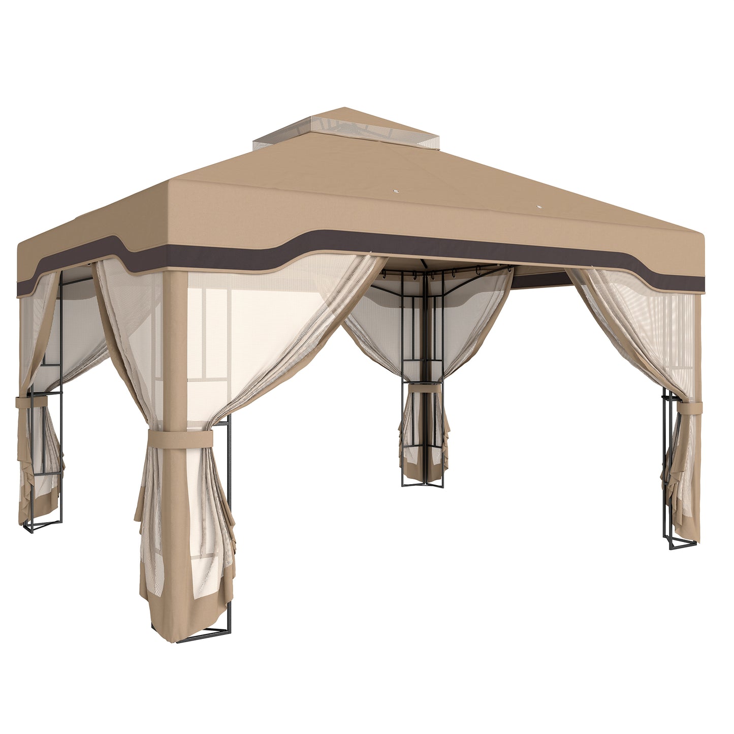 3x3.6m Garden Gazebo | Double-Tier UPF50+ Roof | 4 Mesh Panels | Triangular Powder-Coated Metal Frame | Corner Shelves | Roof Drainage Holes | Expansion Screws & Ground Stakes | Ceiling Hook | Khaki