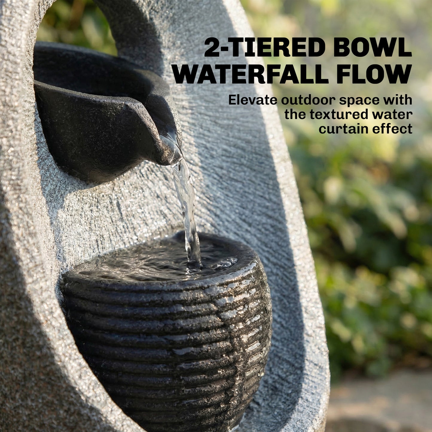 2-Tier Cascading Garden Water Fountain | LED Light | 3W Pump | 3m Cable | Resin | Grey