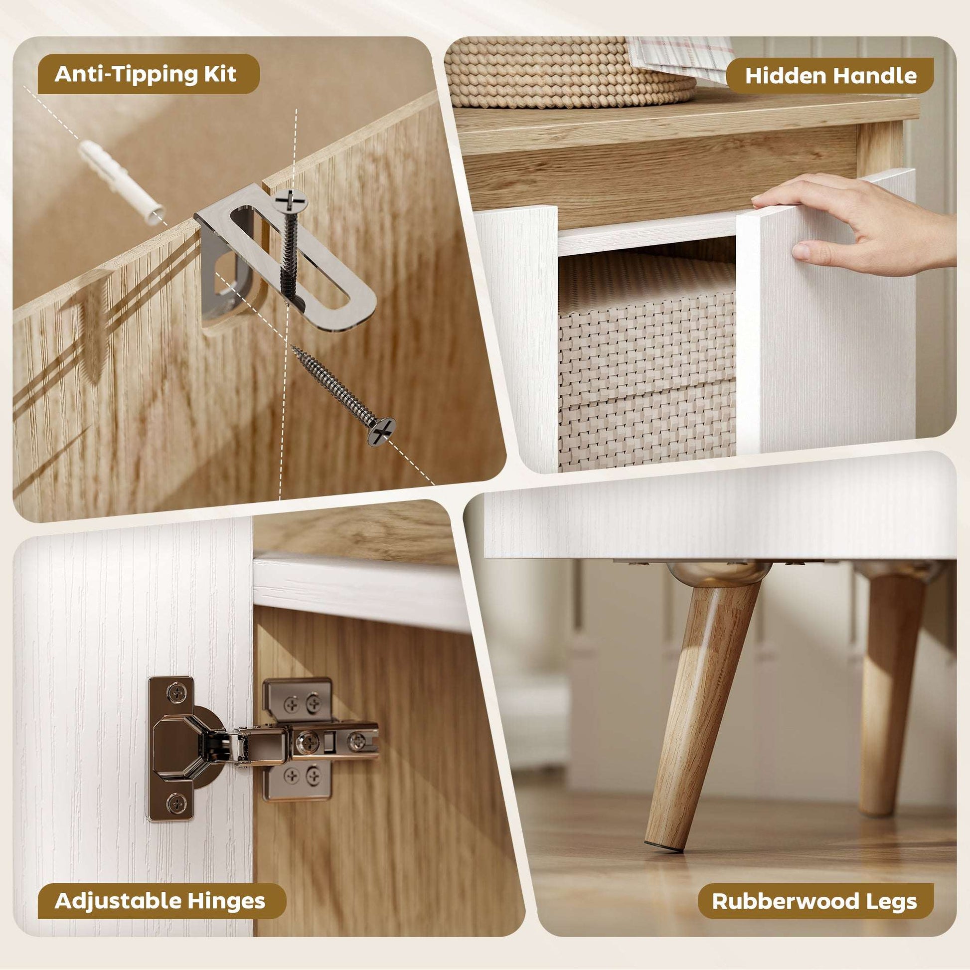 Sideboard Storage Cabinet | 3 Doors | 2 Adjustable Shelves | 5 Rubberwood Legs | Anti-Tip | 80kg | 107x35x76.5cm | White & Oak