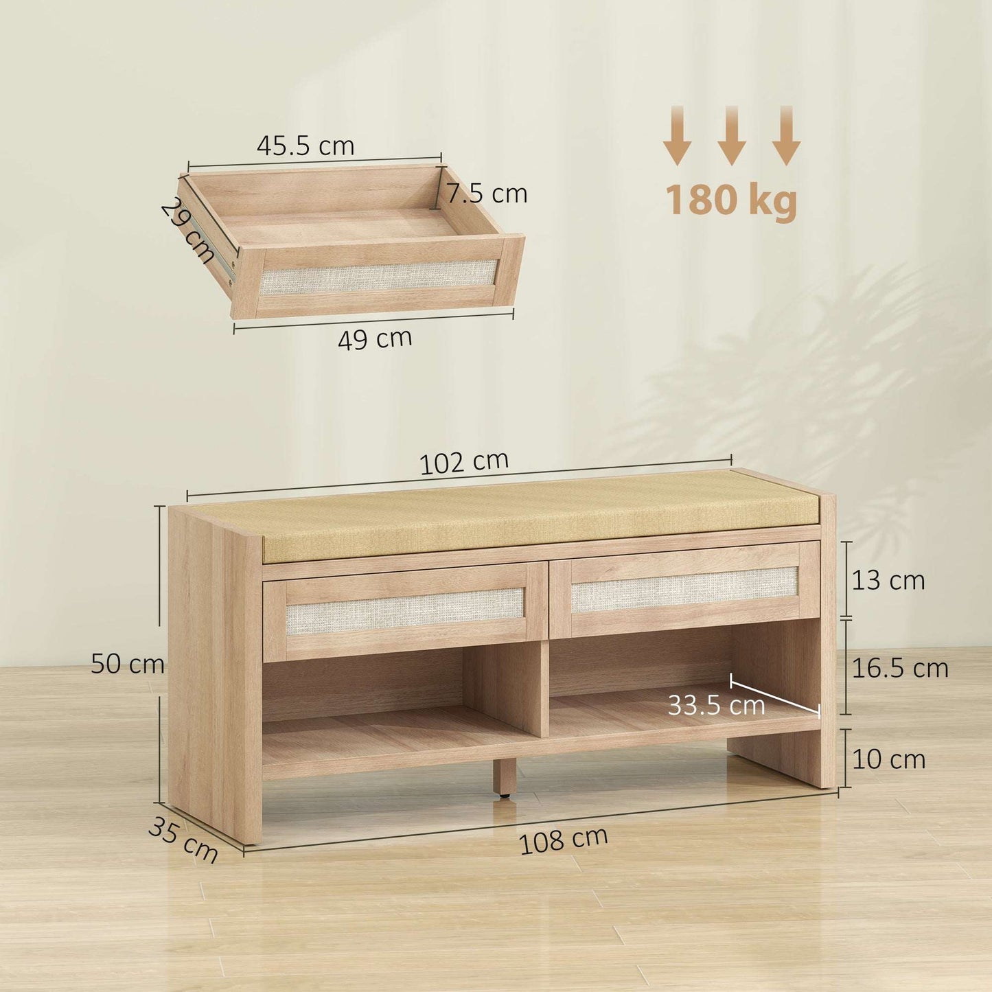 Boho Hallway Shoe Bench | 2 PE Rattan Drawers | Open Shelf | 5cm Foam Padded Seat for 2 | MDF Frame | 180kg Capacity | 105x35x50cm | Oak Wood Effect