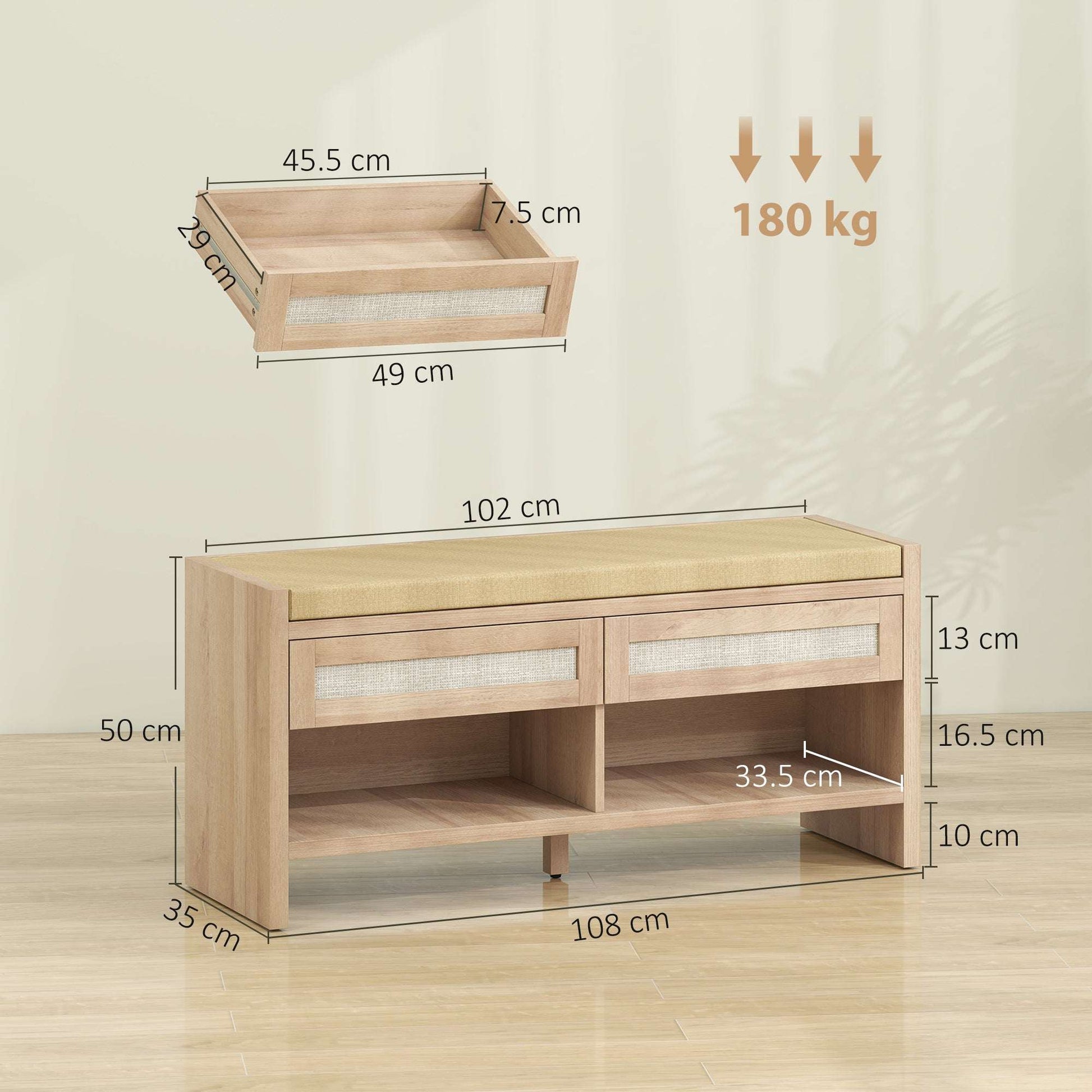 Boho Hallway Shoe Bench | 2 PE Rattan Drawers | Open Shelf | 5cm Foam Padded Seat for 2 | MDF Frame | 180kg Capacity | 105x35x50cm | Oak Wood Effect