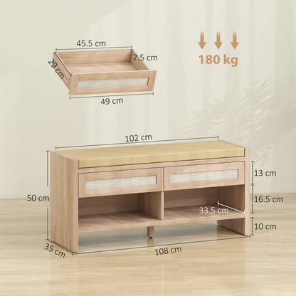 Boho Hallway Shoe Bench | 2 PE Rattan Drawers | Open Shelf | 5cm Foam Padded Seat for 2 | MDF Frame | 180kg Capacity | 105x35x50cm | Oak Wood Effect