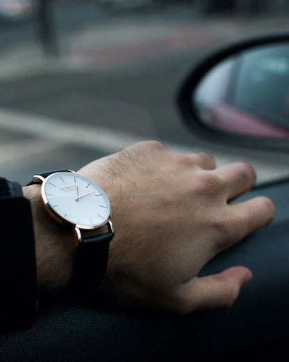 Thomas & George Bakersfield Black Watch | 40mm Gold-Tone Case, White Dial & Black Leather Strap | Slim 6mm Japanese Quartz | Optional Luxury Box