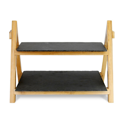 Maison & White 2 Tier Slate & Bamboo Food Stand | Foldable Frame | Removable Slate Platters | 32x42x25.5cm | 670g | Desserts Antipasti Entertaining | Assembly Required