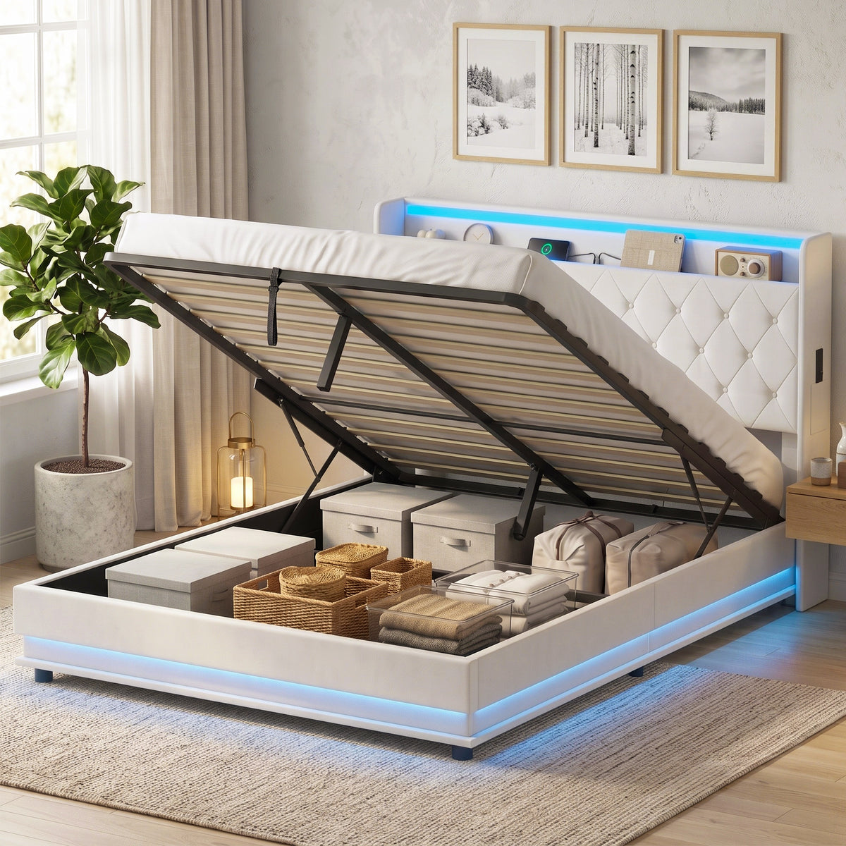 5ft King Ottoman Bed Frame | Cream Linen-Look Fabric | 214x157x113cm | Hydraulic Lift Storage 150x200x20cm | RGB LED Lights | USB-A & USB-C Charging | 300kg | EVA Noise Strips