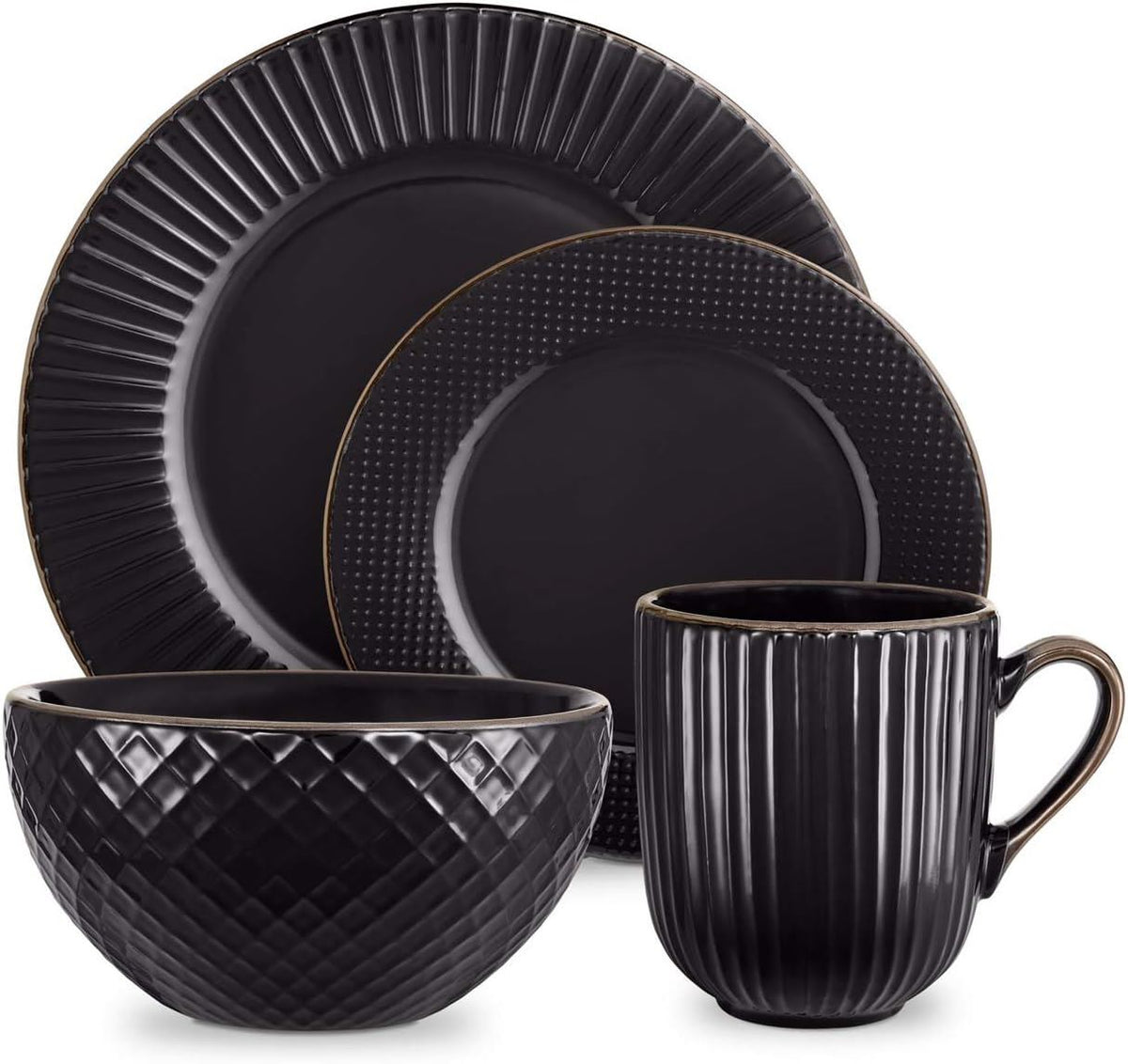Tower Empire 16-Piece Black Embossed Dinnerware Set | T867002BLK | Serves 4 | 4 Dinner Plates 4 Side Plates 4 Bowls 4 Mugs | Modern Black Tableware | Kitchen Dining