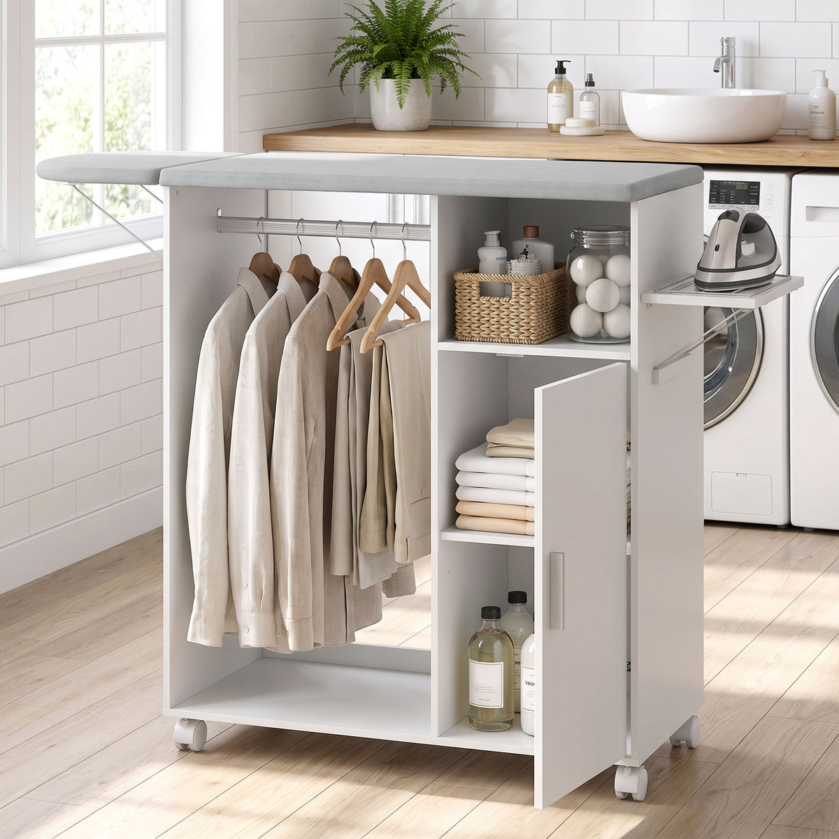 Rolling Ironing Board Cabinet | Folding Top, Clothes Rail & Adjustable Storage Shelf | Iron Holder, 4 Wheels & 2 Brakes | White/Grey