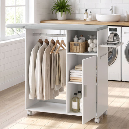 Rolling Ironing Board Cabinet | Folding Top, Clothes Rail & Adjustable Storage Shelf | Iron Holder, 4 Wheels & 2 Brakes | White/Grey