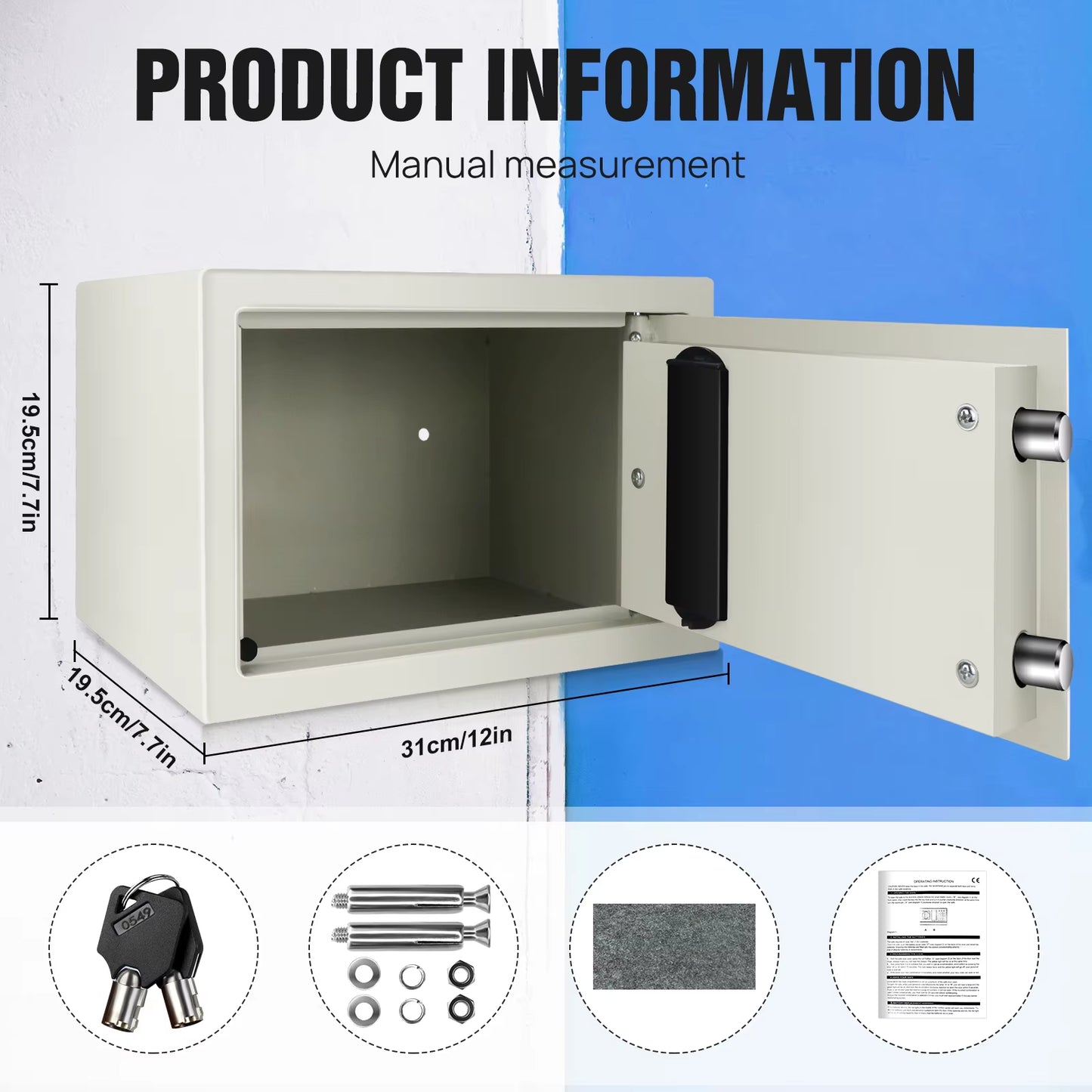 Safes for Home Fireproof Waterproof with 2 Manual Override Keys,Security Safe Cash Box with Double Digital Keypad and Key