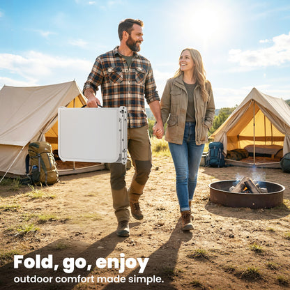 3ft Folding Camping Picnic Table | Tri-Fold | 90x40cm | Water Repellent MDF Top | Mesh Storage Layer | Carry Bag | 35kg | Cream White