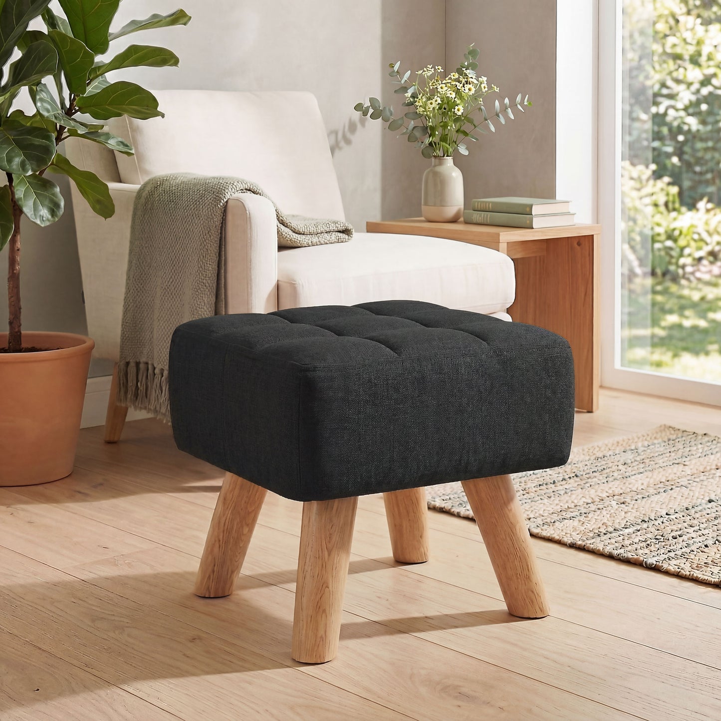 Square Padded Footstool Ottoman Pouffe | Tufted Linen-Look | Black