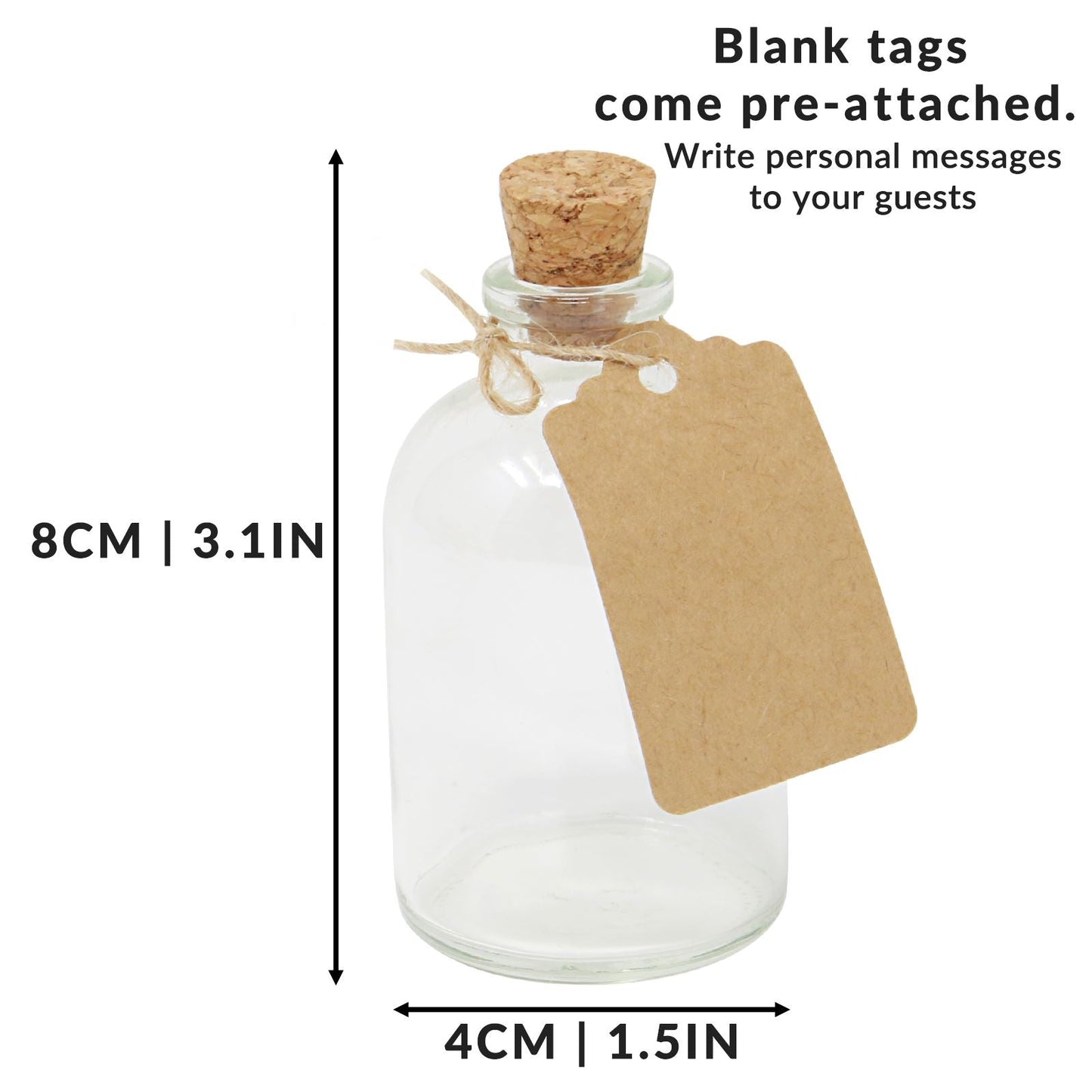 Mini Glass Bottles with Cork Stoppers | Set of 12 | 50ml Each | Decorative Labels & String | 7cm Tall | Wedding Favours Crafts Drinks | Hand Wash Only