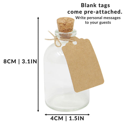 Mini Glass Bottles with Cork Stoppers | Set of 12 | 50ml Each | Decorative Labels & String | 7cm Tall | Wedding Favours Crafts Drinks | Hand Wash Only
