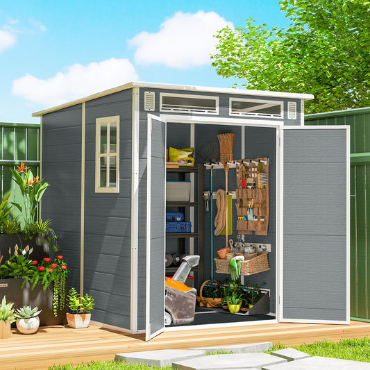 PP & Aluminium Garden Storage Shed with Floor | 3 Windows | Dual Vents | Double Doors | Lock & Keys | UV-Resistant | Water-Repellent | 40kg/m² Snow Load | 182x182x196cm | 2.89m² | Tools Bikes & BBQ | Grey