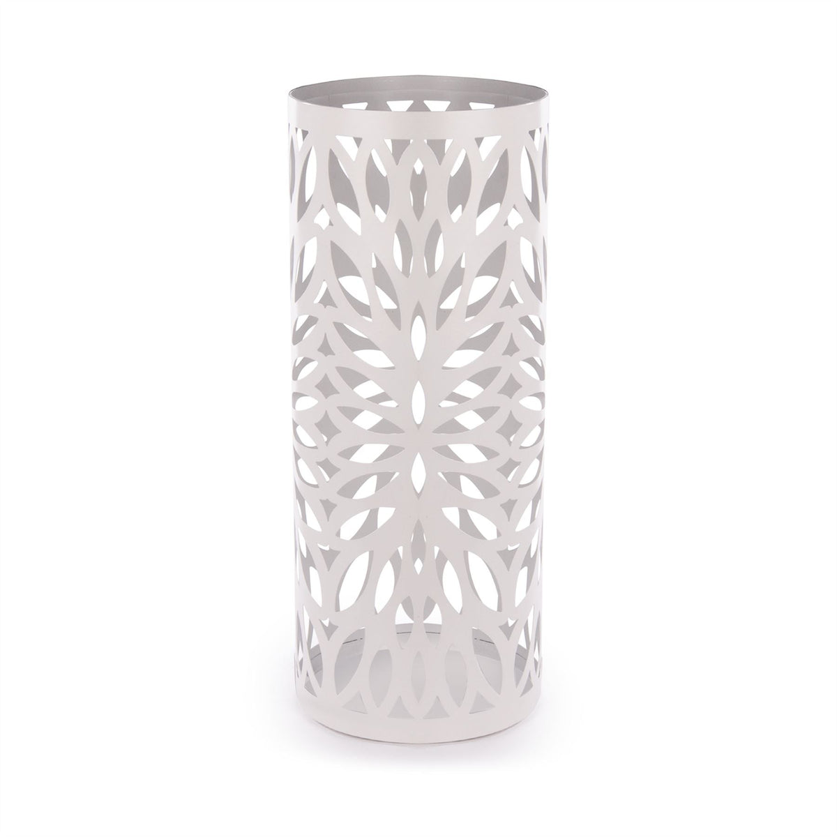 Maison & White Round White Metal Umbrella Stand | Powder-Coated Iron | Laser-Cut Design | Removable Drip Tray | 4 Hooks | 49.2x21cm | Rust Resistant | 2-Year Warranty