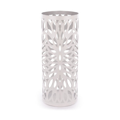 Maison & White Round White Metal Umbrella Stand | Powder-Coated Iron | Laser-Cut Design | Removable Drip Tray | 4 Hooks | 49.2x21cm | Rust Resistant | 2-Year Warranty