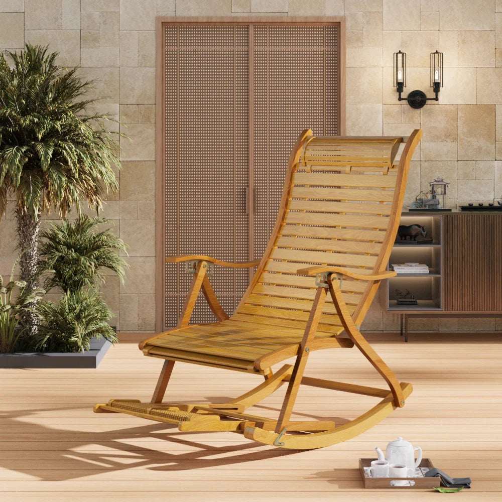 Bamboo Rocking Chair Foldable Recliner, Bamboo Chair, Natural Wood