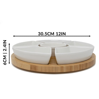 Maison & White Bamboo Lazy Susan Dip Set | 6 Removable White Ceramic Bowls | 360° Rotating Snack Server | 30.5cm