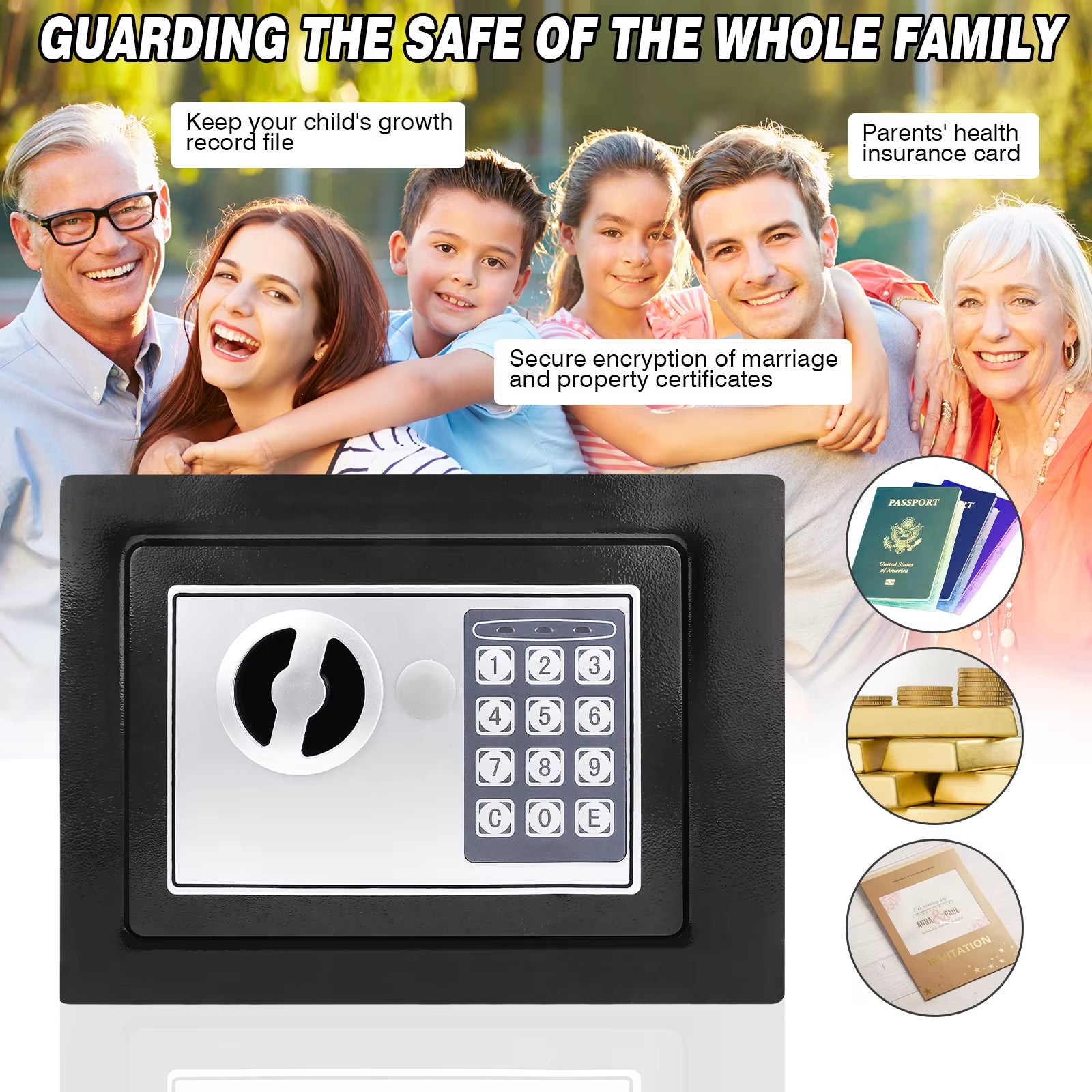 Safes for Home Fireproof Waterproof with 2 Manual Override Keys,Security Safe Cash Box with Double Digital Keypad and Key