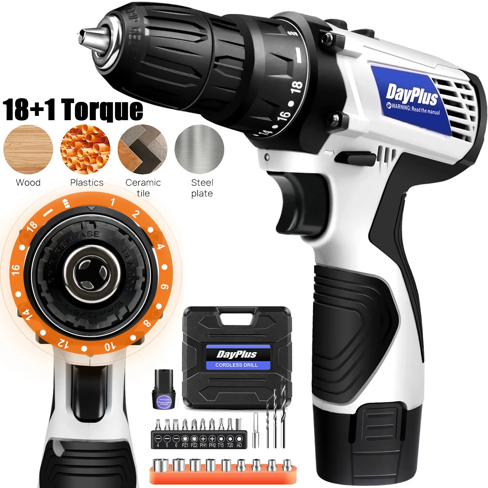 Dayplus 16.8V Mini Cordless Drill Driver Kit, 3/8" Chuck 45Nm Electric Screwdriver Driver with LED Light, 18+1 Torque, 2 Speed