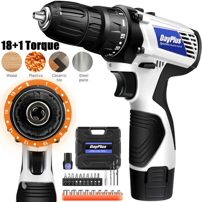 Dayplus 16.8V Mini Cordless Drill Driver Kit, 3/8" Chuck 45Nm Electric Screwdriver Driver with LED Light, 18+1 Torque, 2 Speed