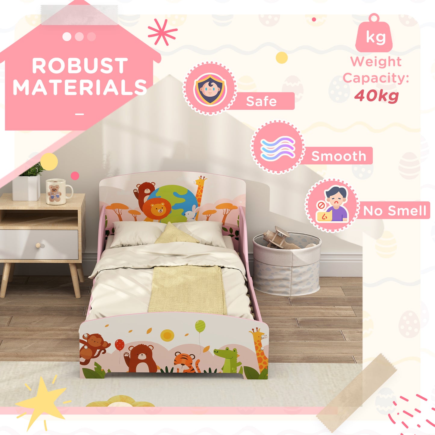 Cute Animal-Themed Toddler Bed w/ Safety Rails, 143 x 77 x 60cm