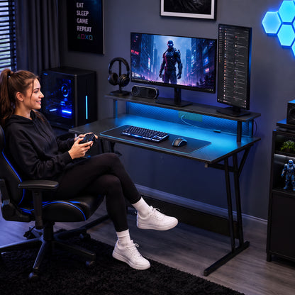 RGB LED Gaming Desk | 16 Colours & 4 Modes | 2 Power Outlets | USB & USB-C | 15cm Monitor Shelf | Z-Frame | 80kg | 100x60x88.5cm | Black