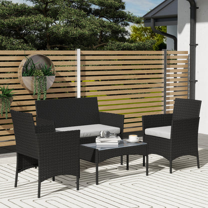 4-Piece PE Rattan Garden Sofa Set | Loveseat | 2 Armchairs | Tempered Glass Coffee Table | Powder-Coated Steel Frame | 2000h UV-Resistant PE Rattan | 5cm Zip Cushions | Protective Foot Pads | 240kg Loveseat Capacity | Black