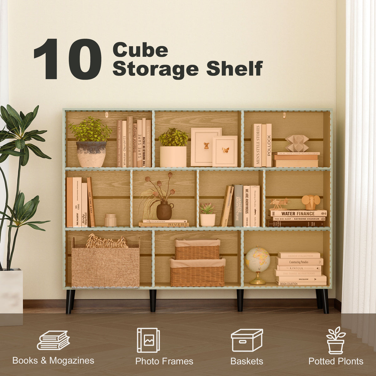 Cube Bookcase | 10-Cube Light Green & White 3-Tier Open Storage Shelf with Pine Legs