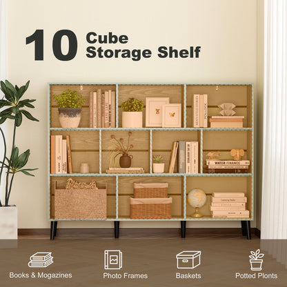 Cube Bookcase | 10-Cube Light Green & White 3-Tier Open Storage Shelf with Pine Legs