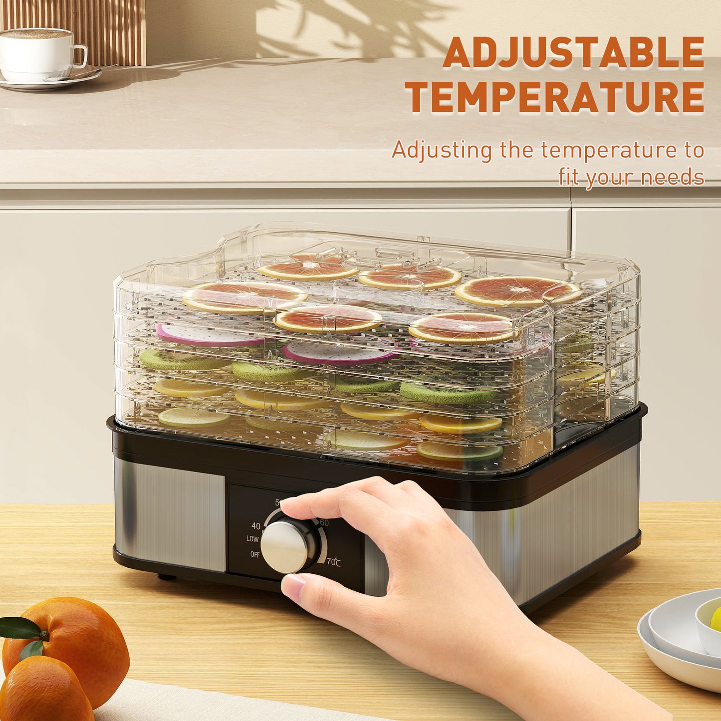 5 Tier Food Dehydrator, 245W Stainless Steel Food Dryer Machine with Adjustable Temperature for Drying Fruit, Meat, Vegetable, Jerky and Pet Treat, Black