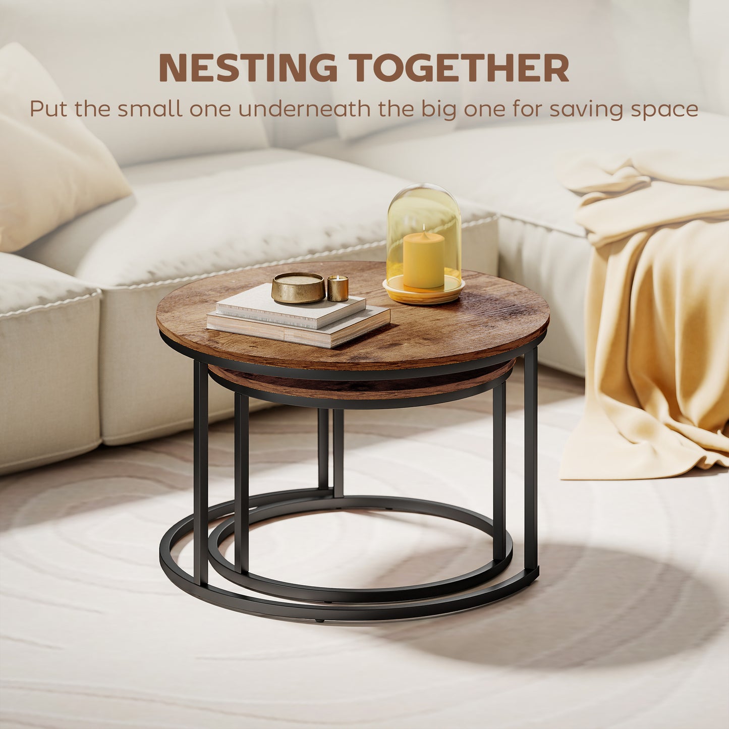 Coffee Table Set of 2, Round Nest of Tables with Metal Frame, Modern Side Tables for Living Room, Rustic Brown