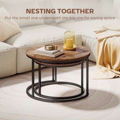 Coffee Table Set of 2, Round Nest of Tables with Metal Frame, Modern Side Tables for Living Room, Rustic Brown
