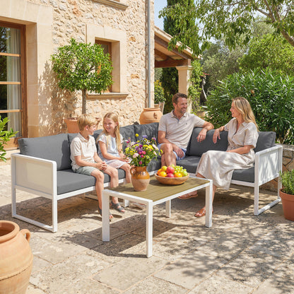 6-Seater Modular Garden Sofa Set | 3 Loveseats | Texteline Seating | Wood-Effect Slatted Coffee Table | Powder-Coated Metal Frame | 200gsm Cushions | 8cm Seat & 10cm Back | Washable Covers | 240kg | White