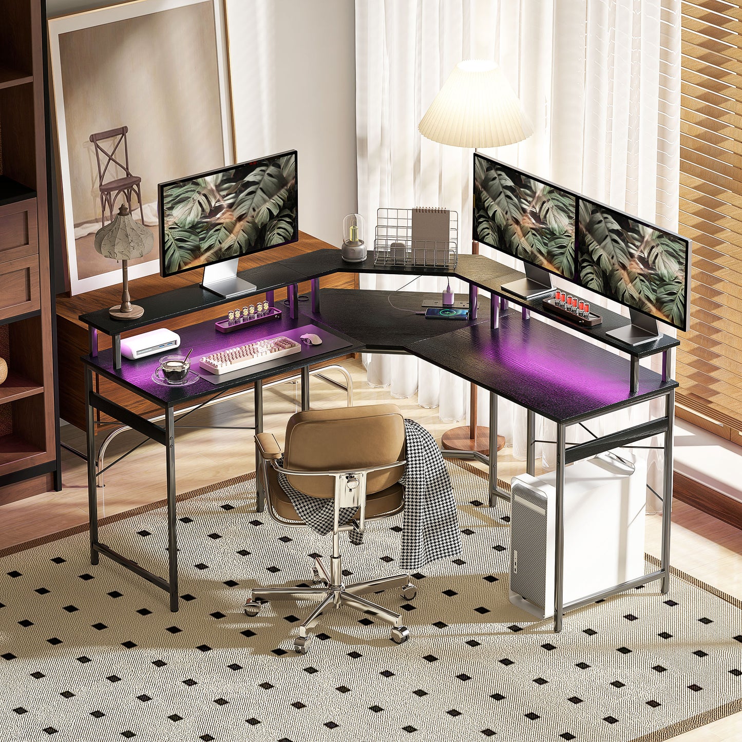 L Shaped Work Computer Desk, with LED Lights - Black