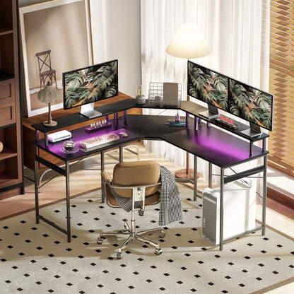 L Shaped Work Computer Desk, with LED Lights - Black
