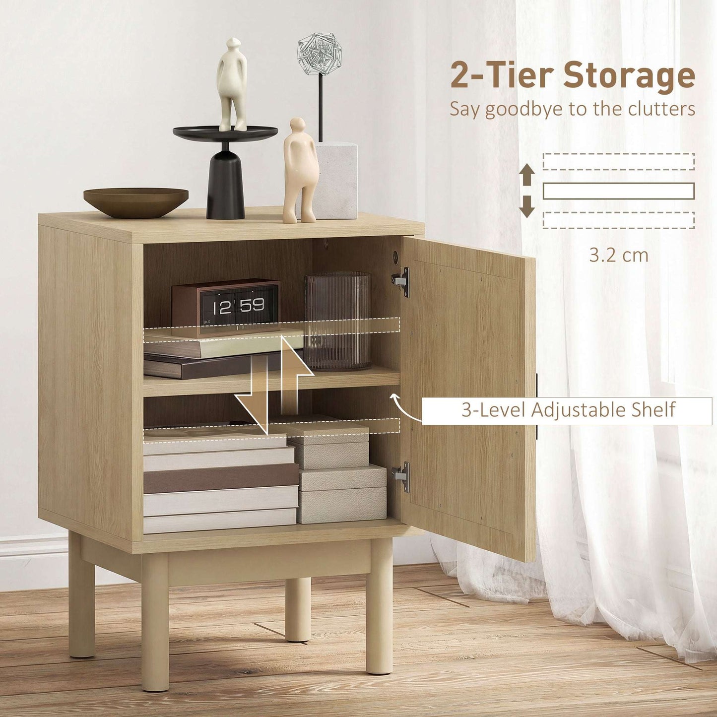 Boho Rattan Bedside Table | Arch Rattan Door | 2-Tier Cabinet | 3-Level Adjustable Shelf | Solid Wood Legs | Non-Slip Pads | 40kg Capacity | 40x35x58cm | Natural Wood