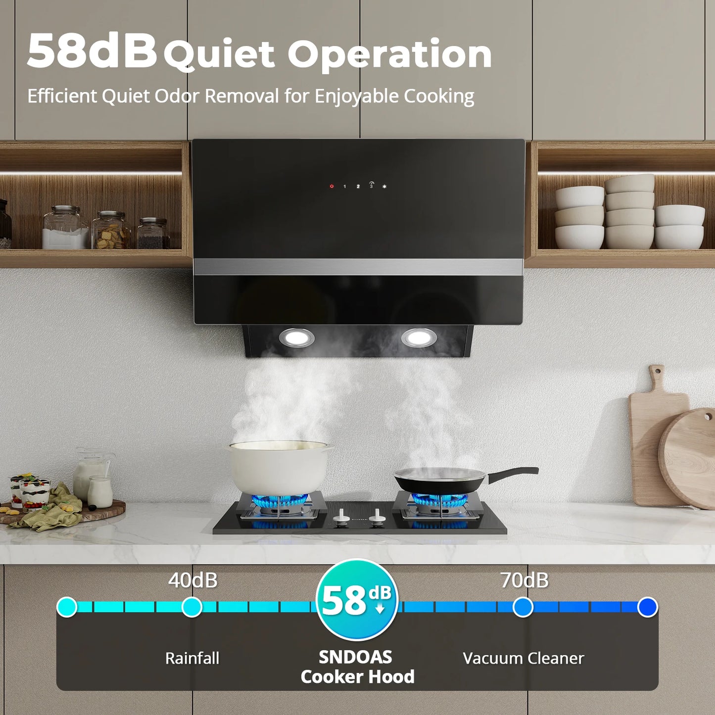 SNDOAS 60Cm Angled Cooker Hood, 400 M³/H, A+++, Touch Control, Dual Mode, Black Glass