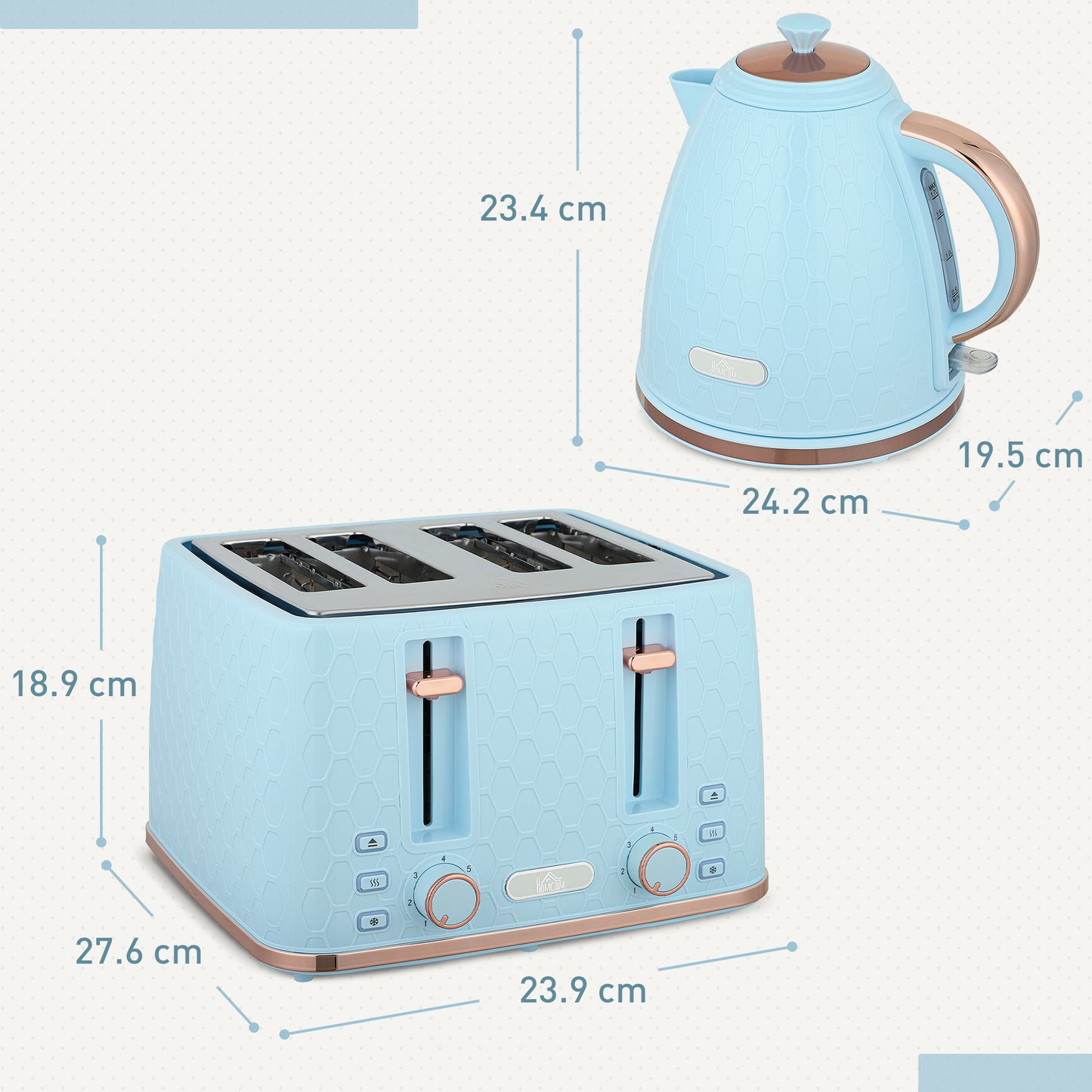 Kettle and Toaster Set, 1.7L 3000W Fast Boil Jug Kettle, 4 Slice Toaster with 7 Level Browning Controls, Light Blue / Pink