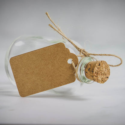 Mini Glass Bottles with Cork Stoppers | Set of 12 | 50ml Each | Decorative Labels & String | 7cm Tall | Wedding Favours Crafts Drinks | Hand Wash Only