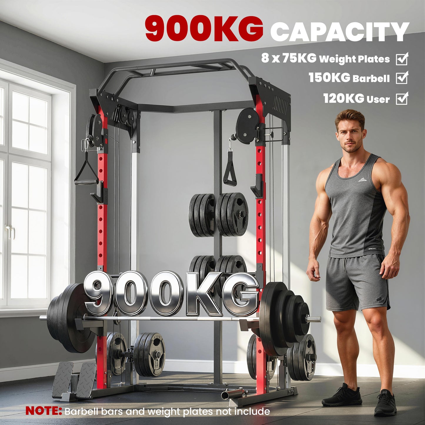 SPORTNOW Power Cage Smith Machine, Power Rack with Adjustable Cable Pulley System, Pull-Up Bar, Dip Station, Landmine